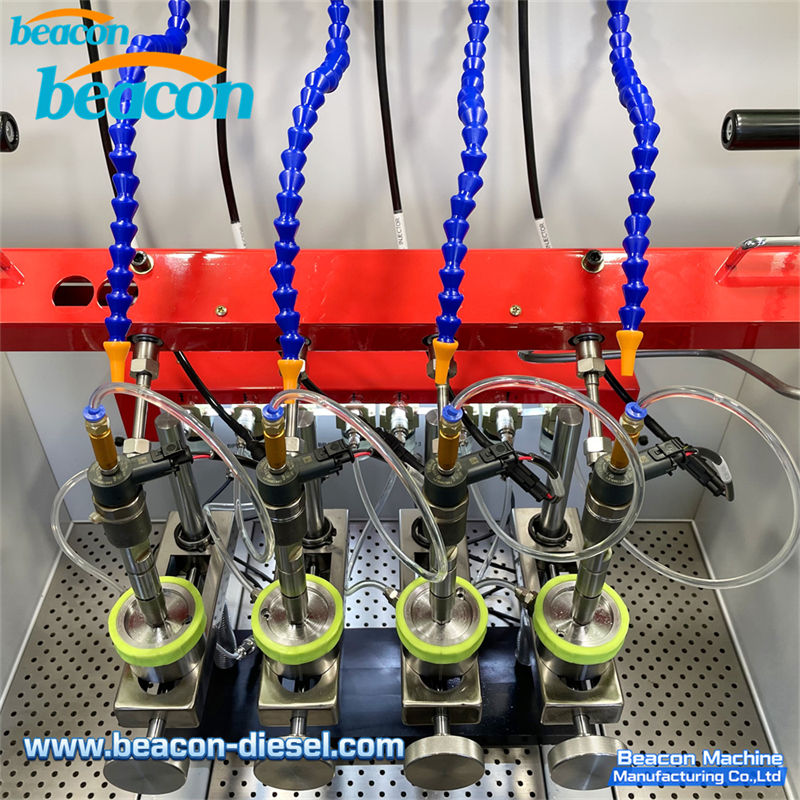 BC800-PRO Common Rail Injector Test Bench - working area with injector testing adapters installed