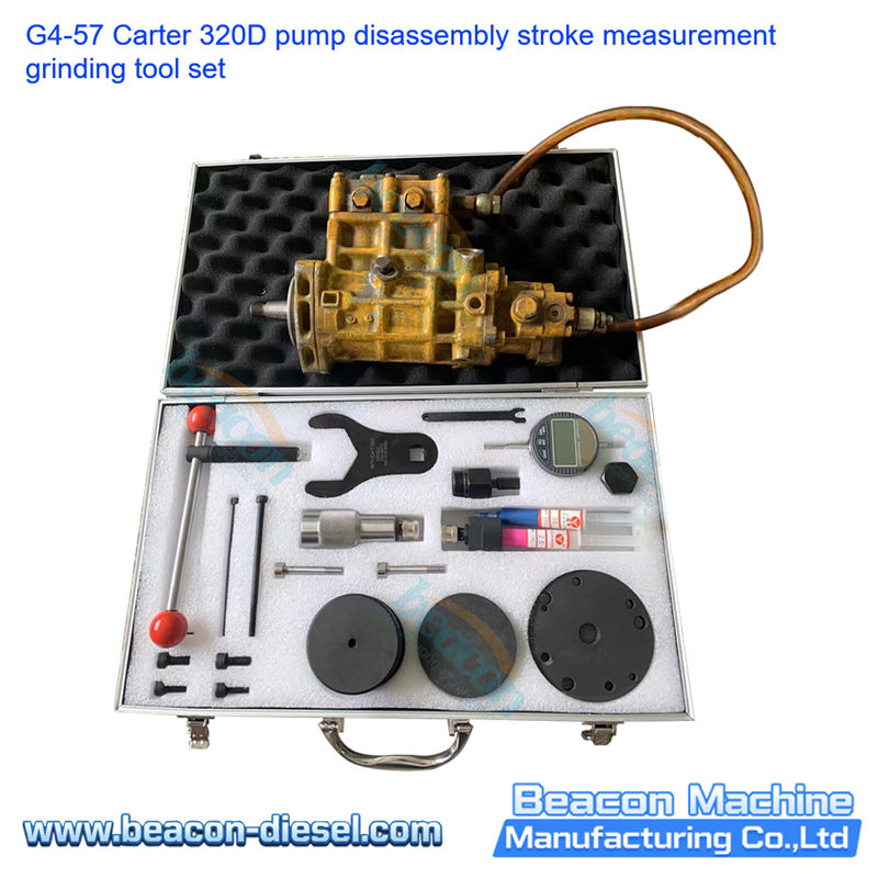 G4-57 Carter 320D Pump Disassembly Stroke Measurement Grinding Tool Set - comprehensive view of the tool kit layout for CAT 320D excavator fuel injection pump disassembly stroke measurement and grinding service