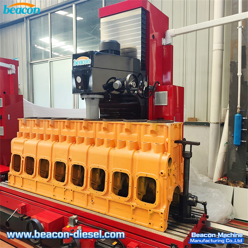 T2200 Portable Cylinder Boring Machine - working area detail with boring tool assembly and centering gauge setup