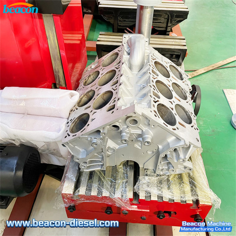 T8018B Cylinder Boring Machine - V-type engine boring fixture detail showing specialized clamping for V-engine blocks