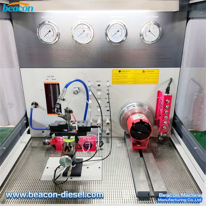 CR1029 Common Rail Test Bench - working area testing common rail injectors and high pressure common rail pump with dual rail pipes and measuring cylinder