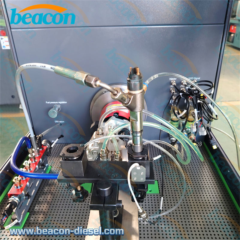 Close up of injector clamping fixture and fuel pipes on CR1026