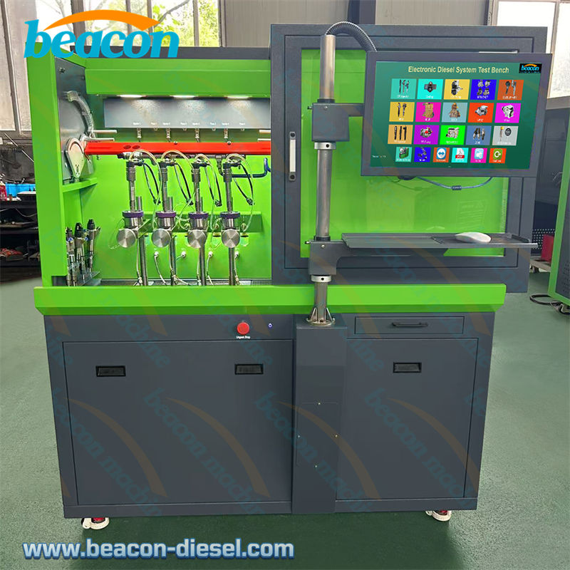 Front view of CR304(s) green common rail test bench with 4-injector setup