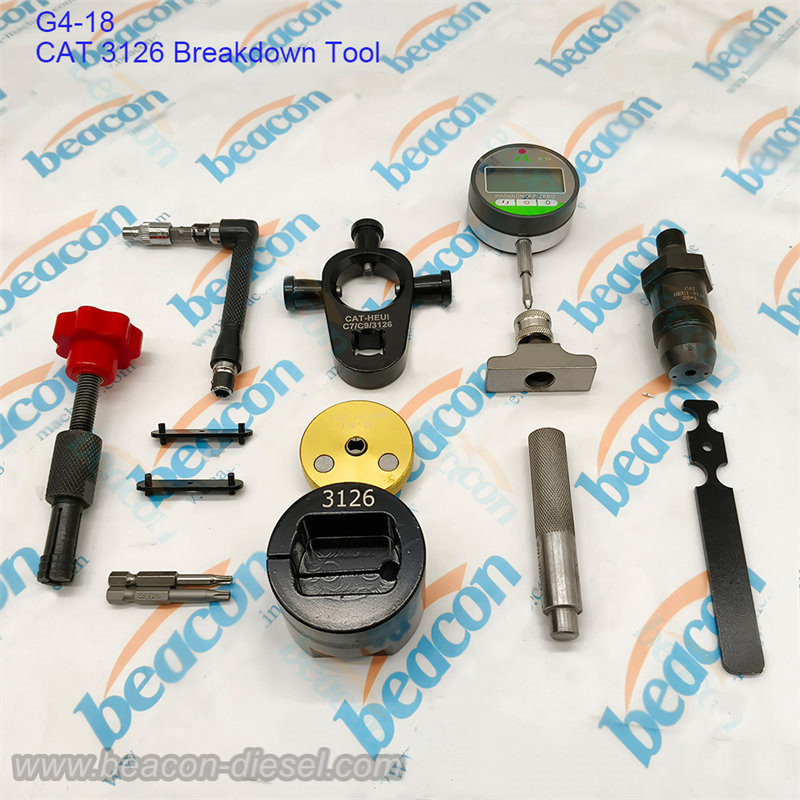 G4-18 CAT 3126 injector breakdown tool kit with digital dial indicator in silver case