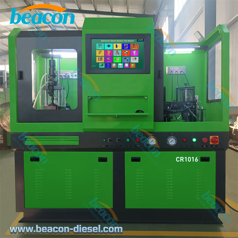 Beacon CR1016 Common Rail Test Bench full front view with blue casing and safety shield