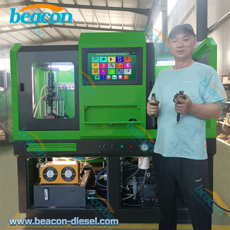 Beacon CR1016 Common Rail Test Bench full front view with blue casing and safety shield
