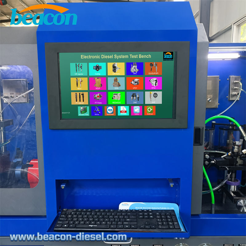 High-definition touch screen control console displaying the Electronic Diesel System Test Bench software interface