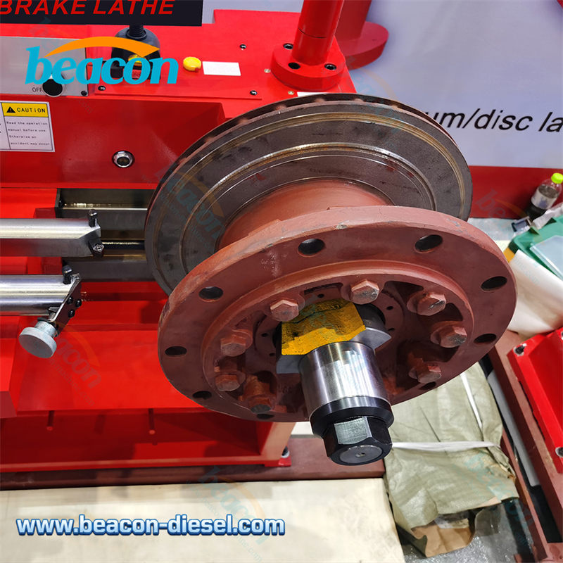 Close up of cutting tool post and spindle on T8465 brake lathe