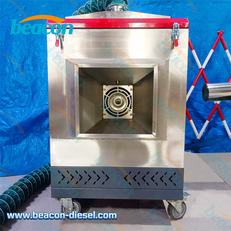 Side profile of the DPF cleaning equipment showing the mobile workbench connection