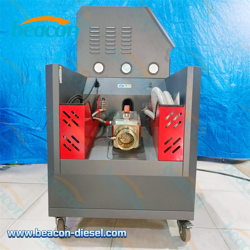 Side profile of the DPF cleaning equipment showing the mobile workbench connection