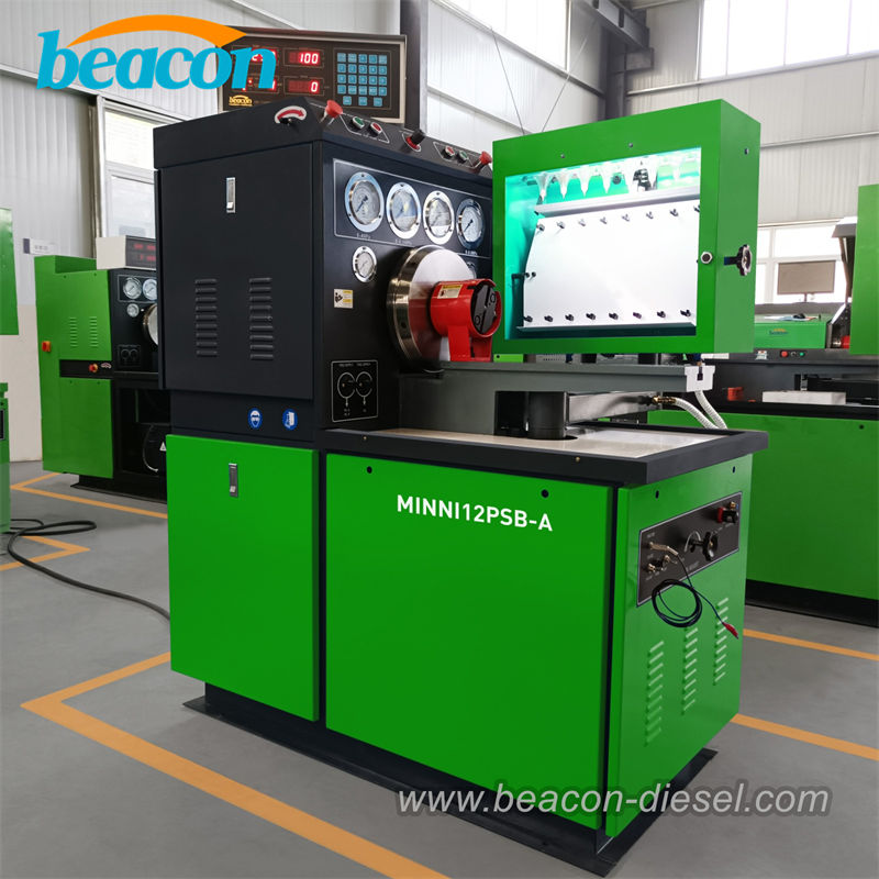 Beacon MINI12PSB-A diesel injection pump test bench front view with green casing.
