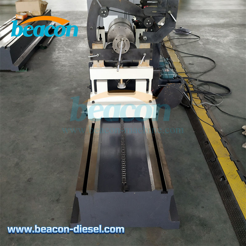 Side profile of the balancing machine showing HT250 cast iron bed