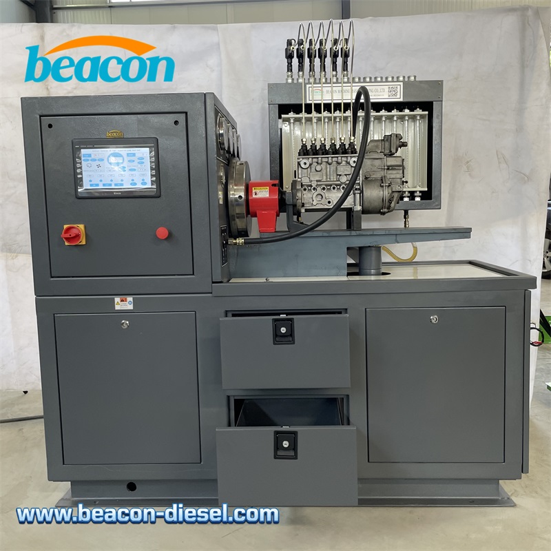 Beacon 12PSD Diesel Injection Pump Test Bench front view with gray chassis and 12 cylinder tester.