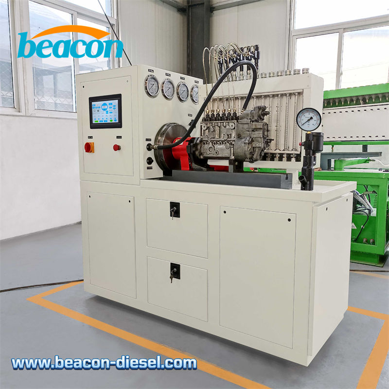 Beacon 12PSD Diesel Injection Pump Test Bench front view with white chassis and 12 cylinder tester.