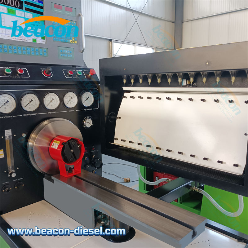 Main working area of BC4000 test bench featuring cast iron bed, coupling, and fuel collection tray