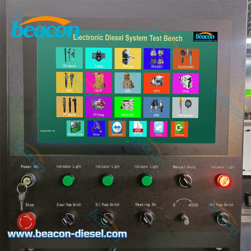 Electronic diesel system test bench control interface screen and operational buttons on CR1014