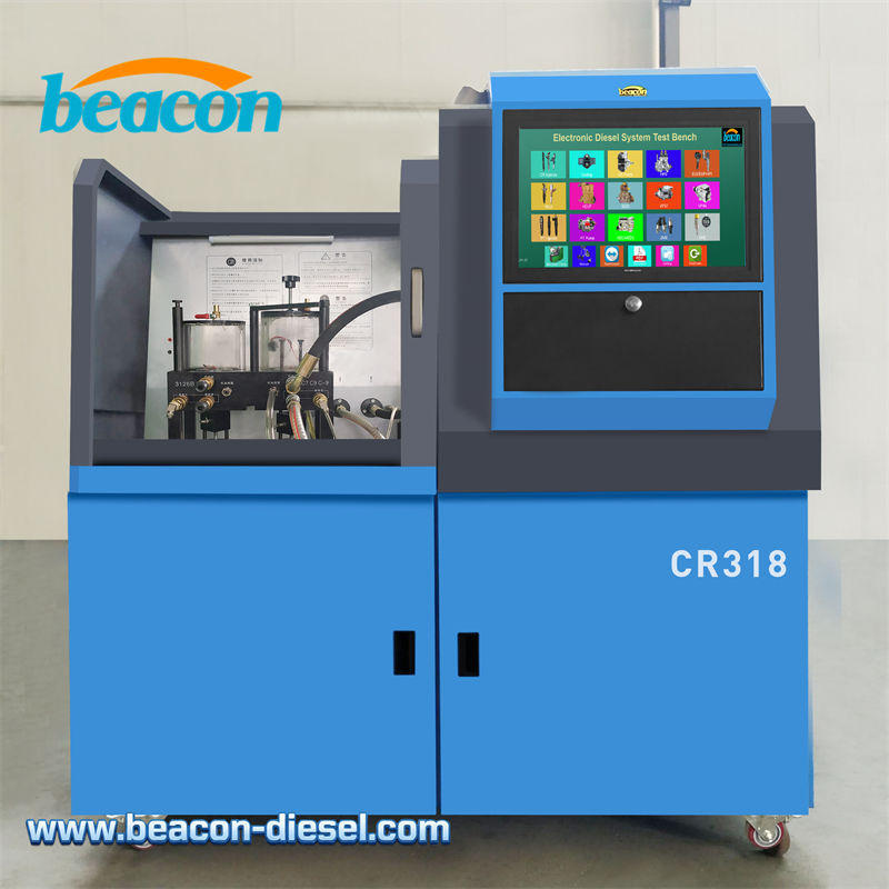Full front view of blue Beacon CR318 diesel test bench with dual motor system