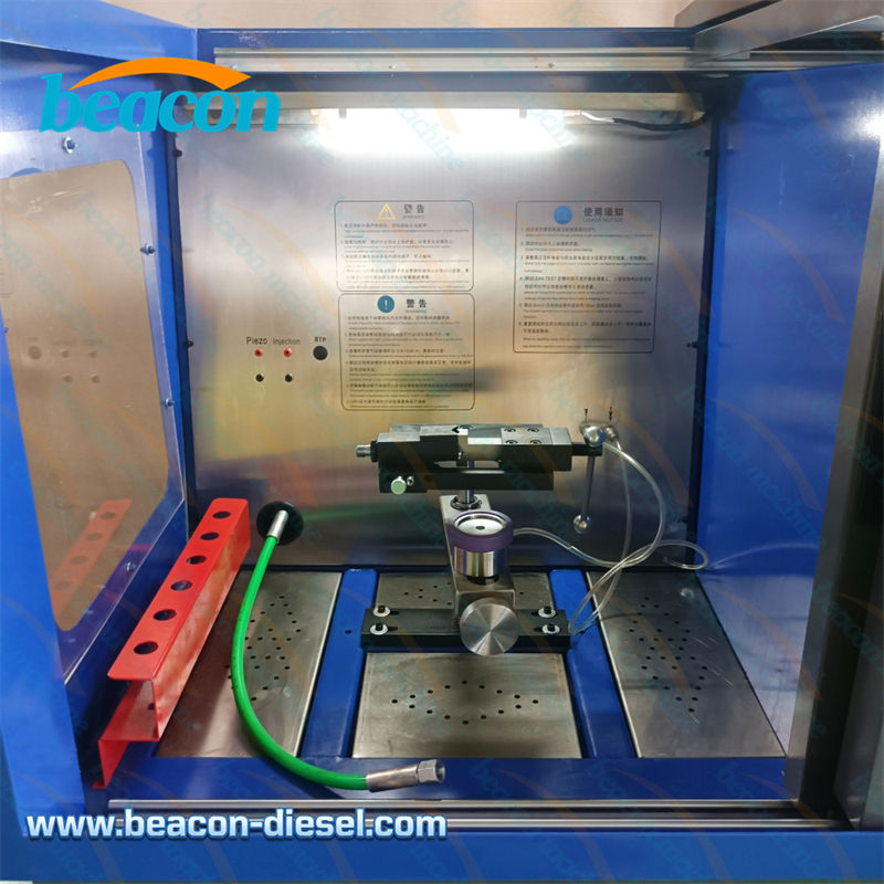 Close-up of the working area testing a standard common rail injector inside the CR318 machine