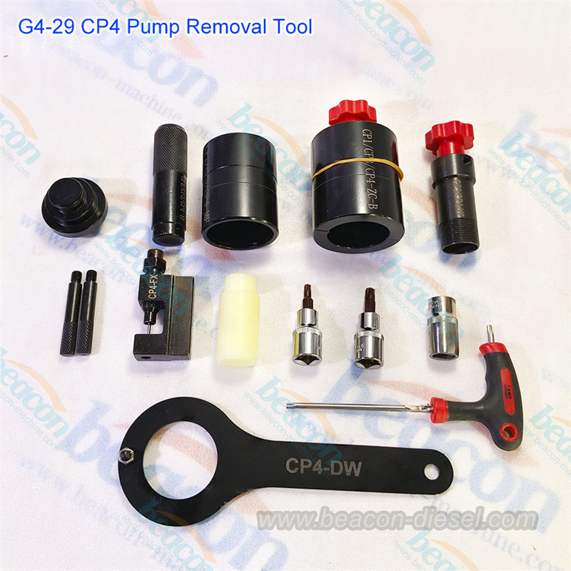 Professional diesel pump repair tools layout including wrench and adapters